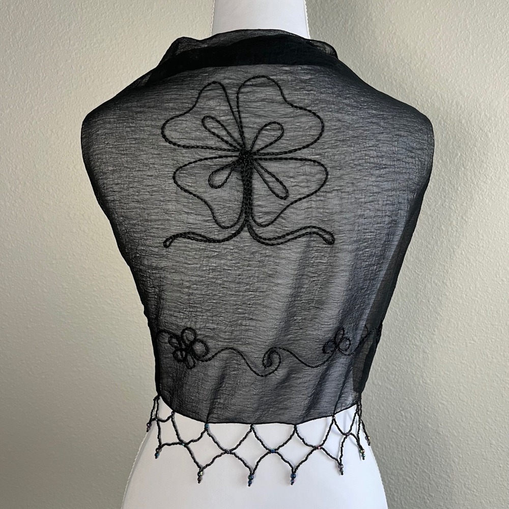 VTG Black Beaded Floral Embroidered Sheer Shawl Wrap Fringe Whimsigoth Vamp Y2K - Picture 3 of 9